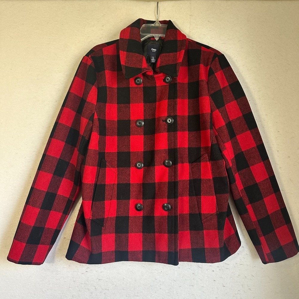 Gap Large Buffalo Check Red Black Wool Blend Double Breasted Jacket‎ Pea Coat